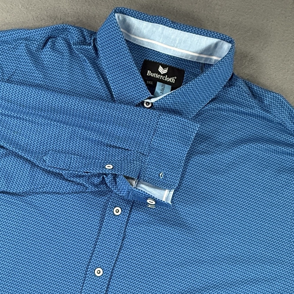 Buttercloth Long Sleeve Blue Geometric Button Up Shirt Regular Fit Men 3XL